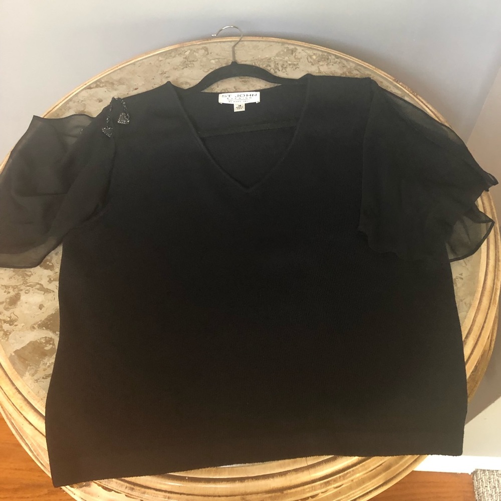 St. John  Blouse with Sheer Arms & Crystal Accent